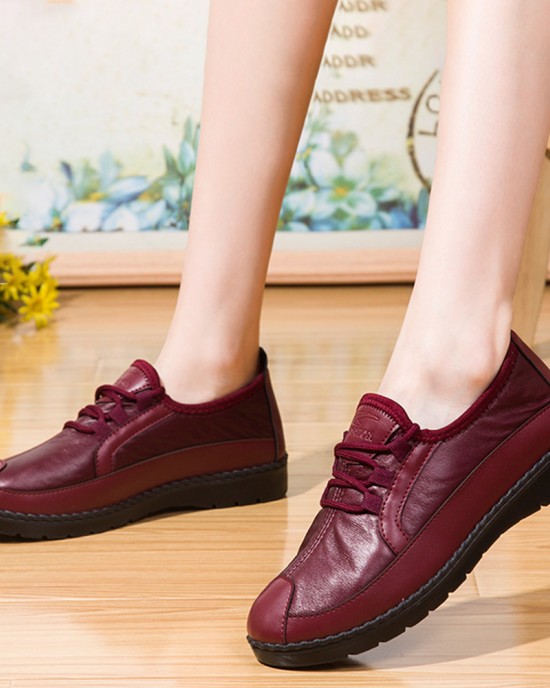 Women Solid Color Round Toe Casual Soft Comfortable Lace Up Flat Loafers Shoes