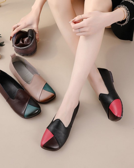 Women Casual Retro Colorblock Genuine Leather Soft Comfortable Lazy Flat Shoes