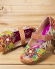 SOCOFY Retro Flower Decor Printed Cowhide Leather Stitching Cloth Comfy Round Toe Casual Flat Shoes