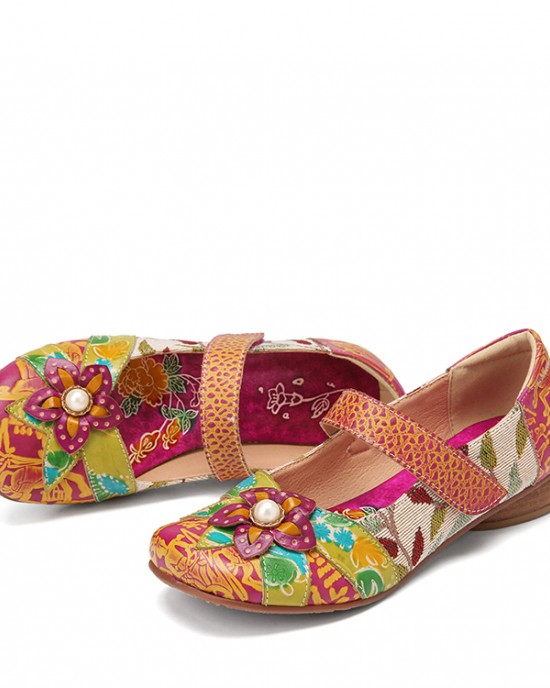 SOCOFY Retro Flower Decor Printed Cowhide Leather Stitching Cloth Comfy Round Toe Casual Flat Shoes