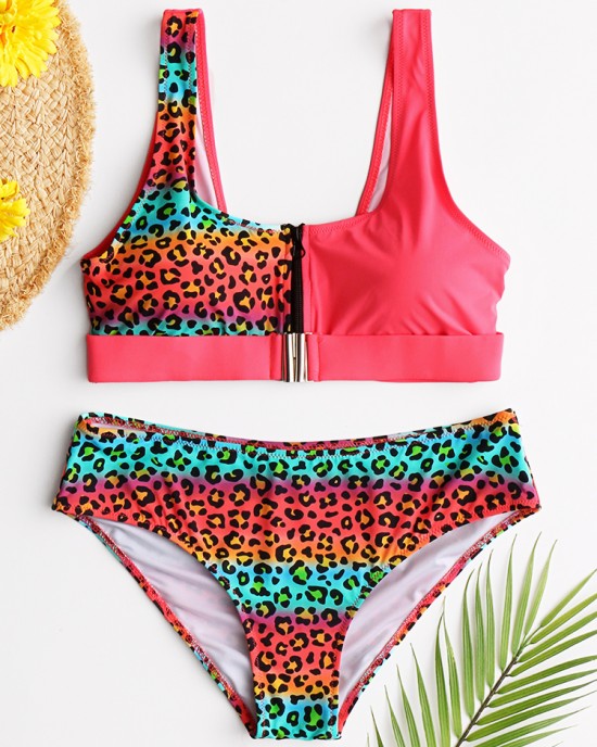 Women Leopard Patchwork Front Zipper Bikini Backless Swimwear