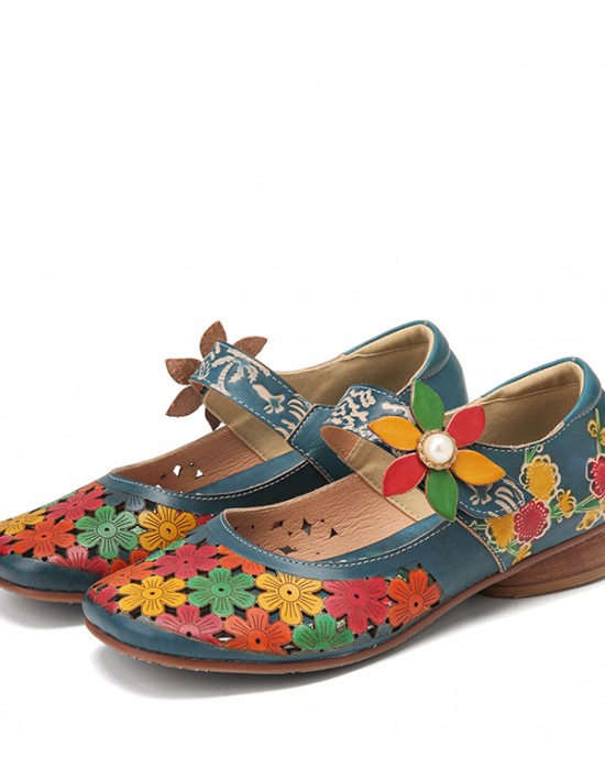 SOCOFY Natural Flowers Hollow Out Cowhide Leather Comfy Breathable Wearable Casual Flat Shoes