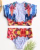 Women Tropical Leaves Print Swimsuit String Short Sleeve High Waist Bikini