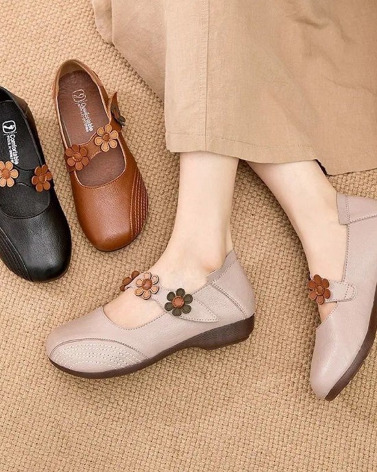 Women Vintage Floral Pattern Round Toe Breathable Soft Sole Comfy Flats