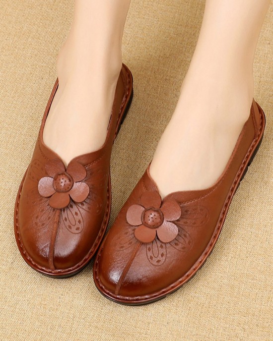 Women Brief Vintage Floral Pattern Round Toe Soft Sole Comfy Flats