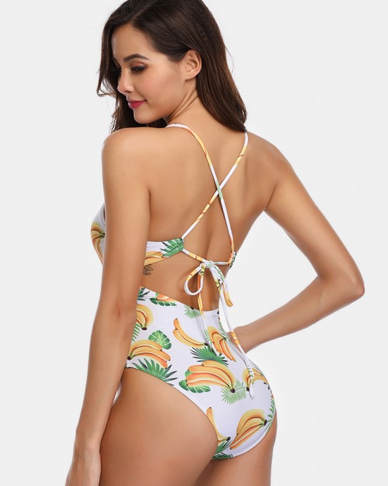 Women Banana Print Criss  Cross Spaghetti Straps One Piece Beach Swimwear