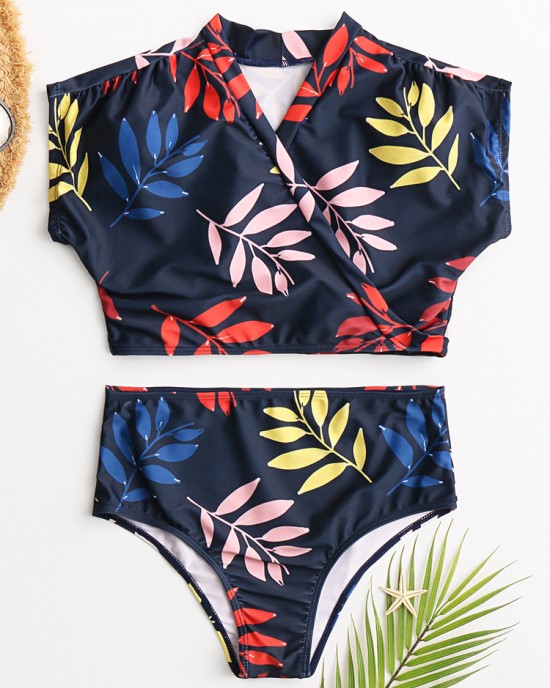 Women Tropical Leaves Print Swimsuit String Short Sleeve High Waist Bikini