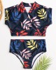 Women Tropical Leaves Print Swimsuit String Short Sleeve High Waist Bikini