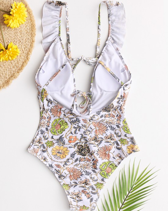 Women Design Floral Print String Ruffles Straps One Piece Backless Swimwear