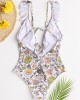 Women Design Floral Print String Ruffles Straps One Piece Backless Swimwear