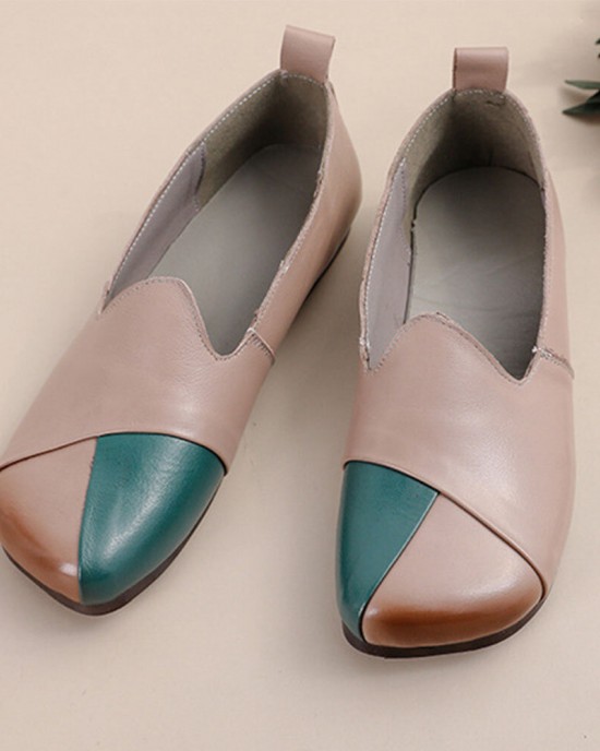 Women Casual Retro Colorblock Genuine Leather Soft Comfortable Lazy Flat Shoes