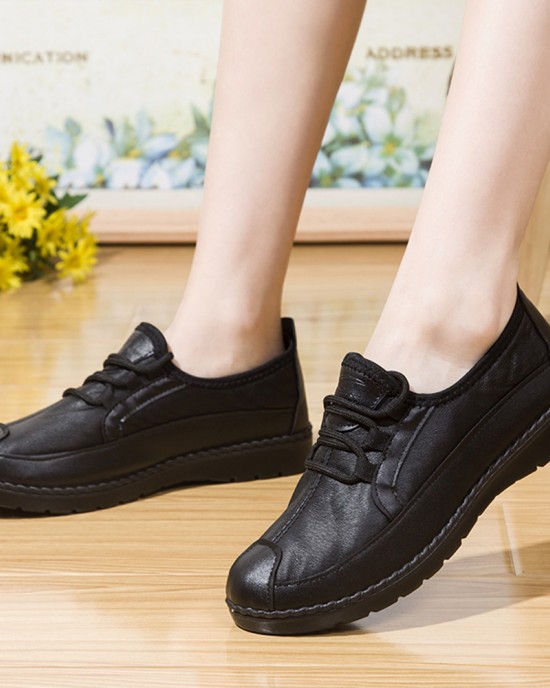 Women Solid Color Round Toe Casual Soft Comfortable Lace Up Flat Loafers Shoes