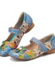 SOCOFY Retro Flower Decor Printed Cowhide Leather Stitching Cloth Comfy Round Toe Casual Flat Shoes