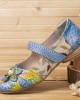 SOCOFY Retro Flower Decor Printed Cowhide Leather Stitching Cloth Comfy Round Toe Casual Flat Shoes