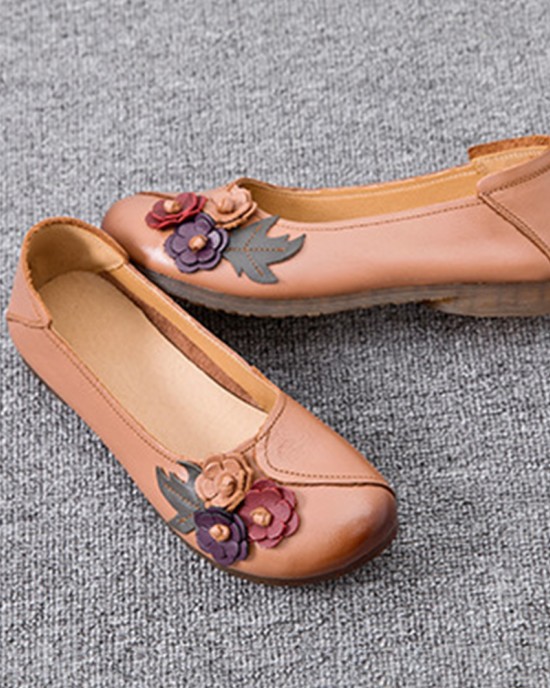 Women Vintage Floral Round Toe Genuine Leather Soft Sole Slip On Comfy Flats