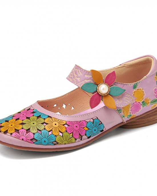 SOCOFY Natural Flowers Hollow Out Cowhide Leather Comfy Breathable Wearable Casual Flat Shoes