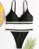 Women Striped Trim Spaghetti Straps Backless Bikini Thong Swimsuit