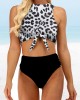 Women Leopard Print Tie Front High Neck Hot High Waist Bikini