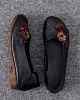 Women Vintage Floral Round Toe Genuine Leather Soft Sole Slip On Comfy Flats