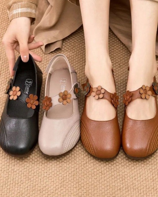 Women Vintage Floral Pattern Round Toe Breathable Soft Sole Comfy Flats