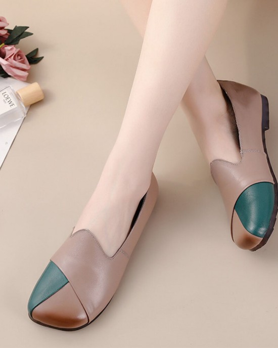 Women Casual Retro Colorblock Genuine Leather Soft Comfortable Lazy Flat Shoes