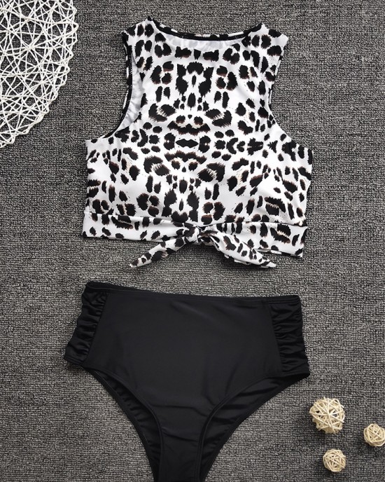 Women Leopard Print Tie Front High Neck Hot High Waist Bikini