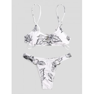 Women Simple Plant Print Hollow Ring Backless Swimsuit Thong Bikini For Swimming