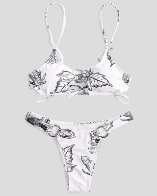 Women Simple Plant Print Hollow Ring Backless Swimsuit Thong Bikini For Swimming