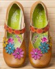 SOCOFY Flowers Decor Dot Printed Cowhide Leather Retro Ankle Strap Hook Loop Comfy Casual Flat Shoes