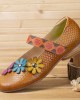 SOCOFY Flowers Decor Dot Printed Cowhide Leather Retro Ankle Strap Hook Loop Comfy Casual Flat Shoes