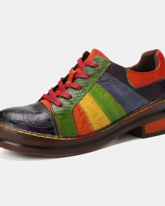  Casual Lace Up Rainbow Print Stitching Loafers Shoes Women’s Leather Comfy Flats