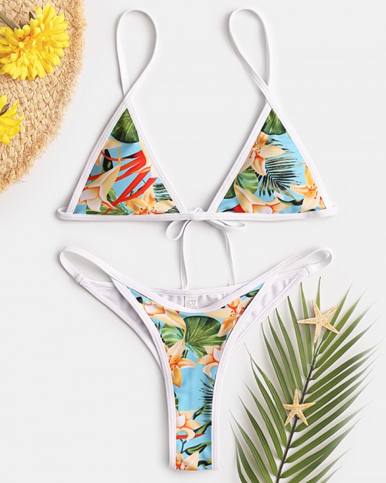 Women Tropical Print Triangle String Hot Swimwear Backless Bikini