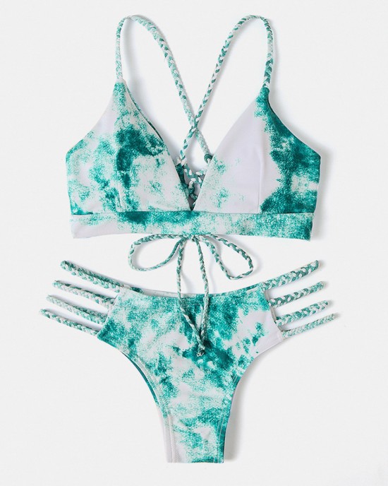 Women Tie Dye Criss  Cross Back Bandage Backless High Fork Bikini