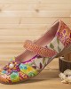 SOCOFY Retro Flower Decor Printed Cowhide Leather Stitching Cloth Comfy Round Toe Casual Flat Shoes