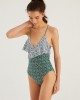 Women Floral Print Criss  Cross Spaghetti Straps Ruffles Swimwear Backless One Piece