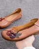 Women Vintage Floral Round Toe Genuine Leather Soft Sole Slip On Comfy Flats