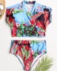 Women Tropical Leaves Print Swimsuit String Short Sleeve High Waist Bikini