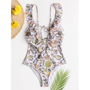 Women Design Floral Print String Ruffles Straps One Piece Backless Swimwear