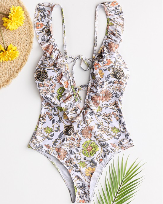 Women Design Floral Print String Ruffles Straps One Piece Backless Swimwear