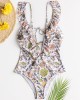 Women Design Floral Print String Ruffles Straps One Piece Backless Swimwear