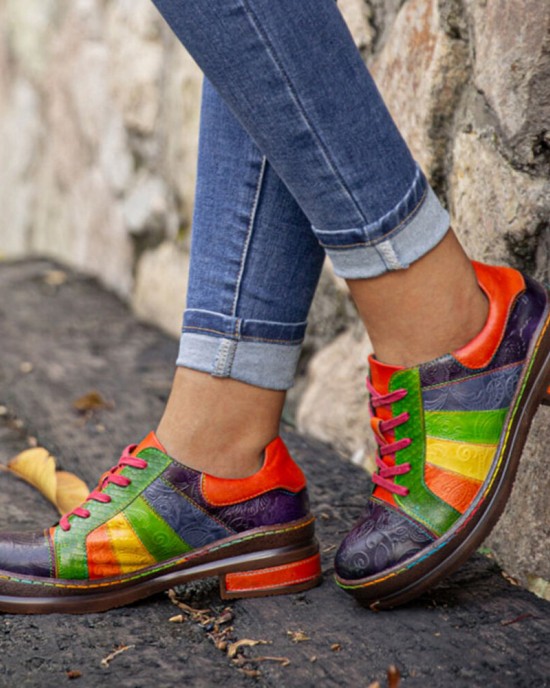  Casual Lace Up Rainbow Print Stitching Loafers Shoes Women’s Leather Comfy Flats