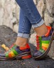  Casual Lace Up Rainbow Print Stitching Loafers Shoes Women’s Leather Comfy Flats