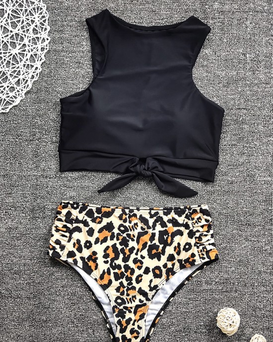 Women Leopard Print Tie Front High Neck Hot High Waist Bikini