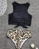 Women Leopard Print Tie Front High Neck Hot High Waist Bikini