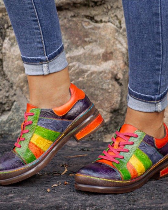  Casual Lace Up Rainbow Print Stitching Loafers Shoes Women’s Leather Comfy Flats