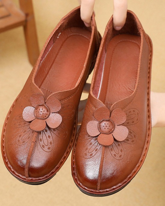 Women Brief Vintage Floral Pattern Round Toe Soft Sole Comfy Flats