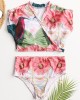 Women Tropical Leaves Print Swimsuit String Short Sleeve High Waist Bikini