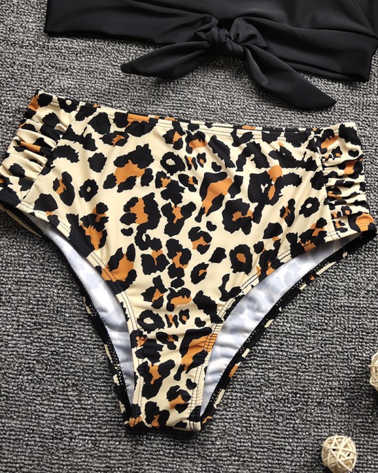 Women Leopard Print Tie Front High Neck Hot High Waist Bikini