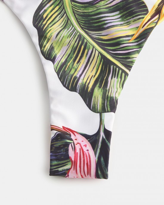 Women Tropical Print Bandeau Bikini Thong Backless Swimsuit