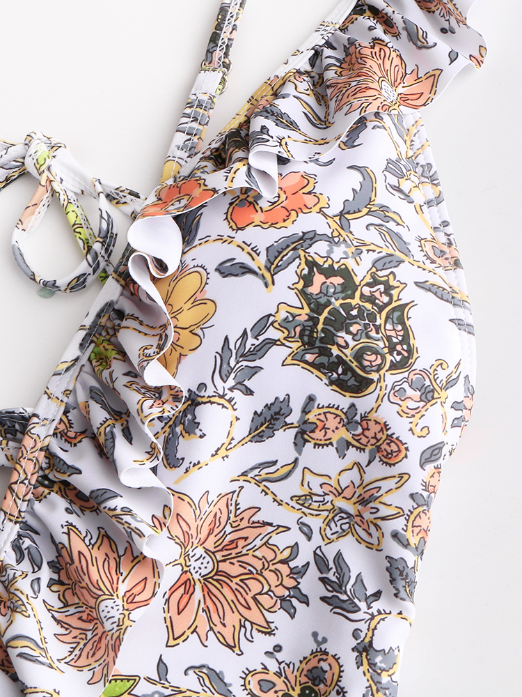 Women Design Floral Print String Ruffles Straps One Piece Backless Swimwear